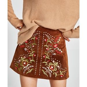 ZARA EMBROIDERED LEATHER MINI SKIRT-4369/252-XS, M